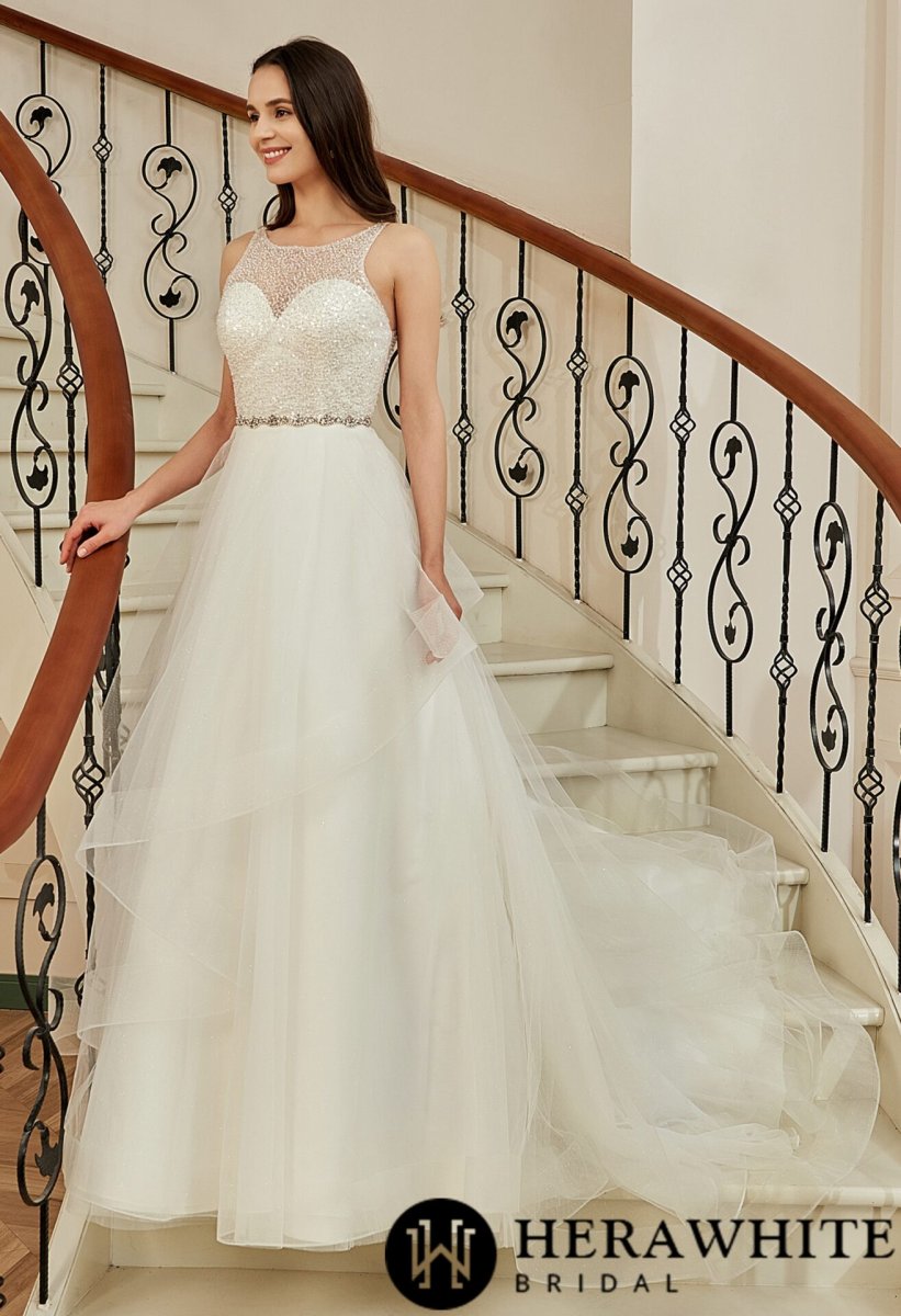 Robe de bal à corsage perlé avec jupe en tulle et volants brillants – Image 9