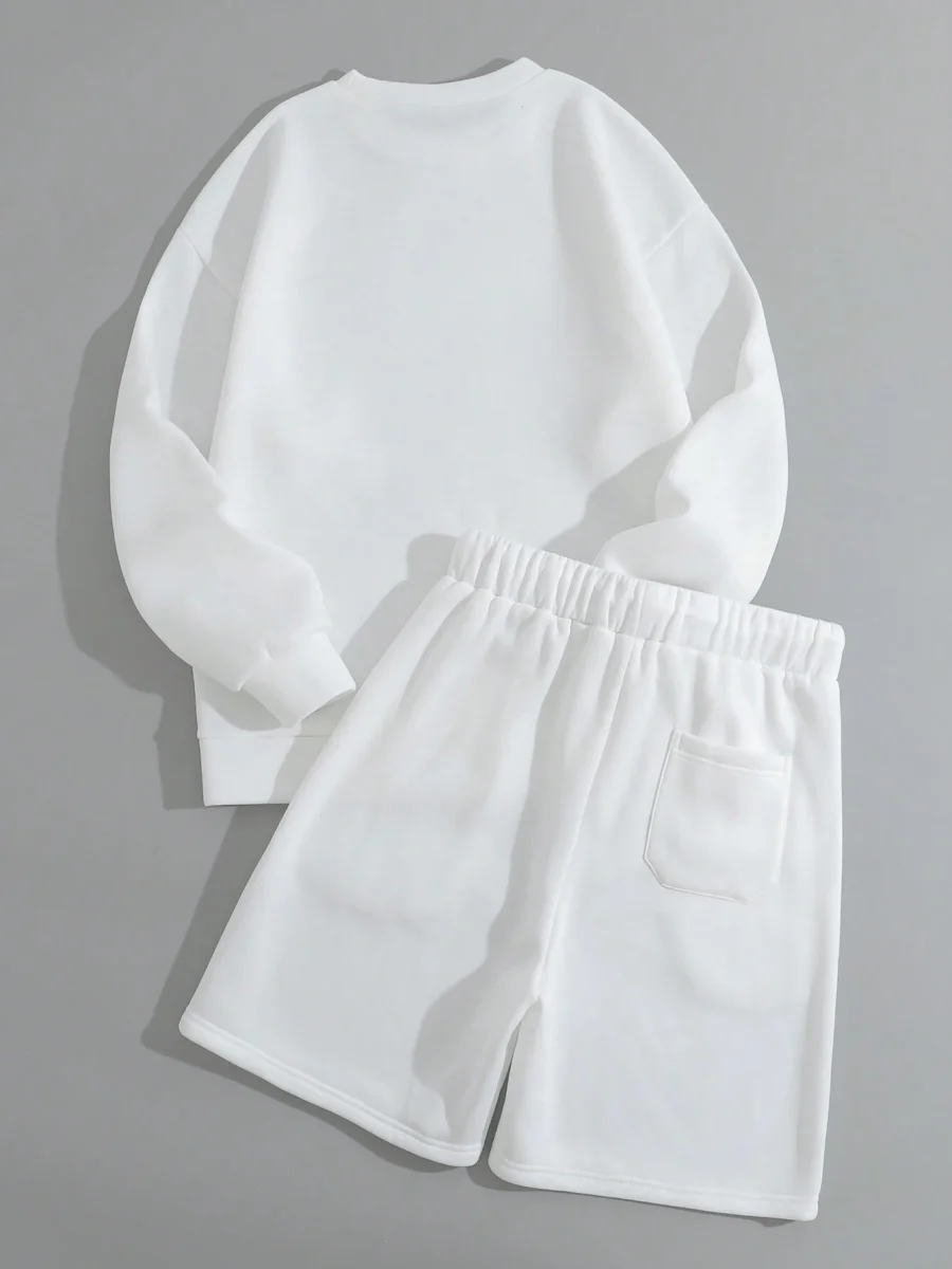 Ensemble Blanc Pour Homme À Lettres À Doublure Thermique Sweat-shirt & À Cordon Short – Image 3