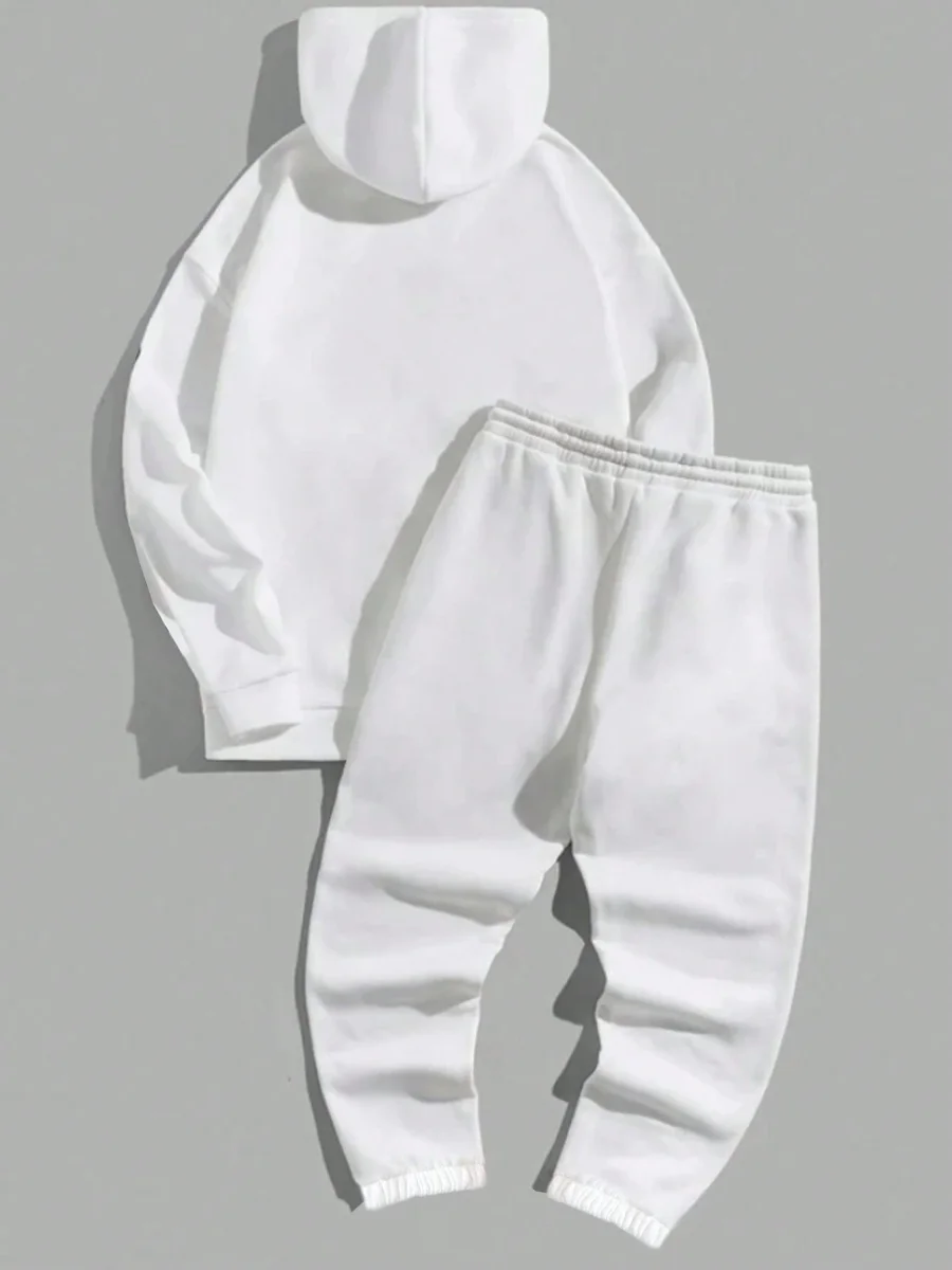 Ensemble Blanc Hommes Pantalon De Survêtement & Sweat-Shirt À Capuche À Lettres À Poche Kangourou Épaule tombante – Image 3