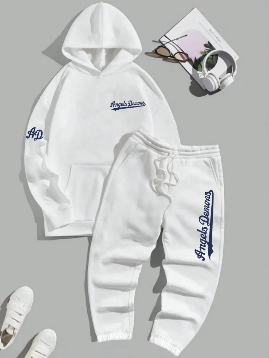 Ensemble Blanc Hommes Pantalon De Survêtement & Sweat-Shirt À Capuche À Lettres À Poche Kangourou Épaule tombante – Image 4