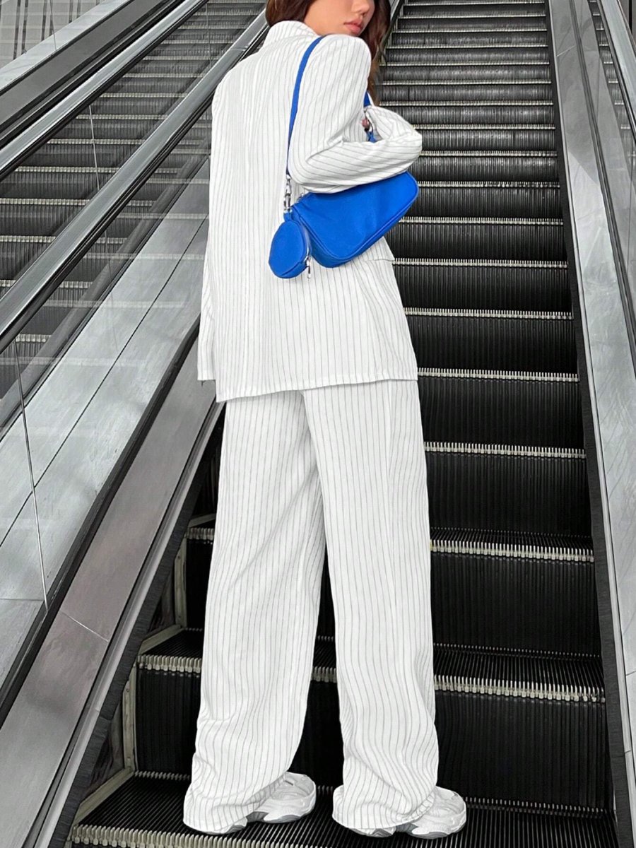 Ensemble 3 pièces blanc Pour Femme Veste De Costume Rayée, Gilet Et Pantalon – Image 3