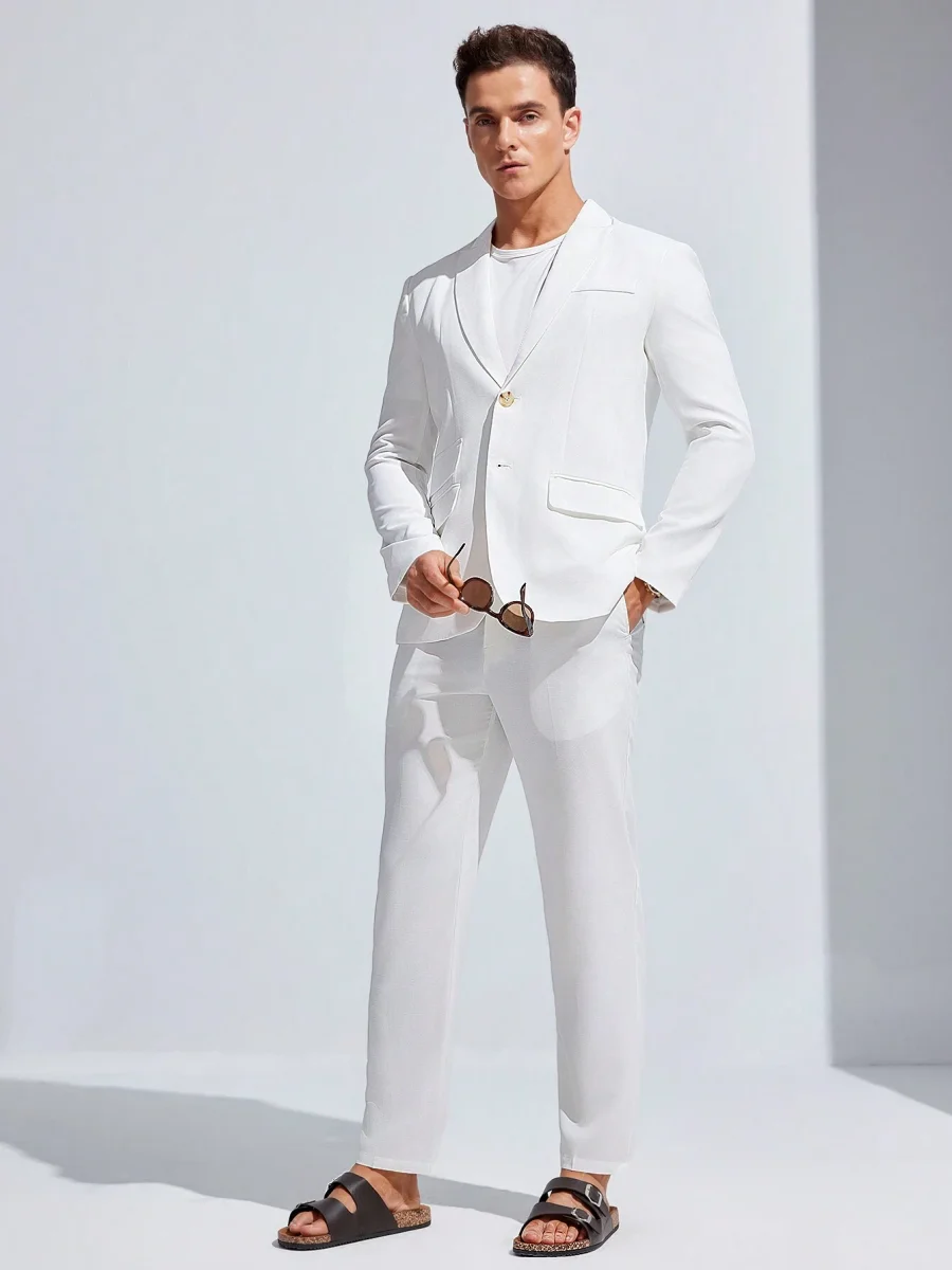 Ensemble De Costume Blanc Tissé Décontracté Et À La Mode Pour Homme – Image 4