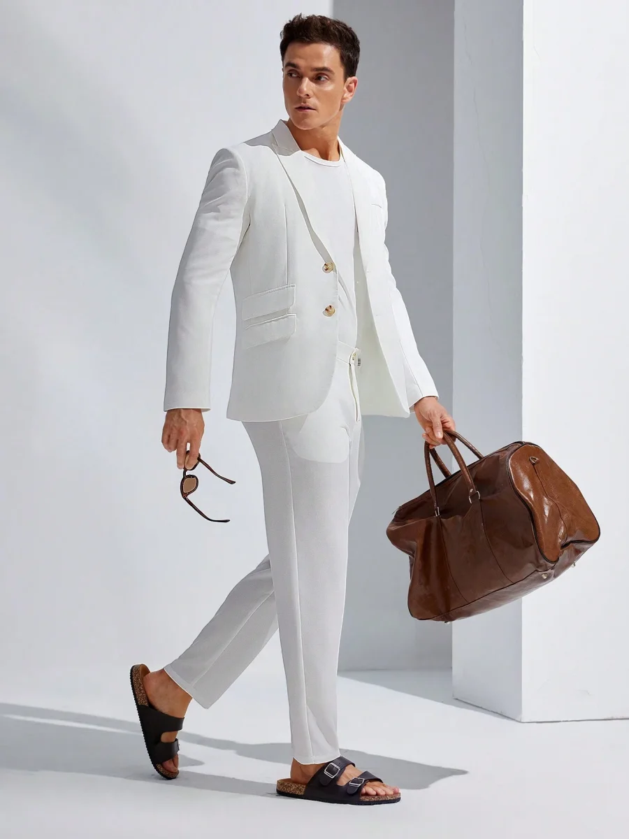 Ensemble De Costume Blanc Tissé Décontracté Et À La Mode Pour Homme – Image 6