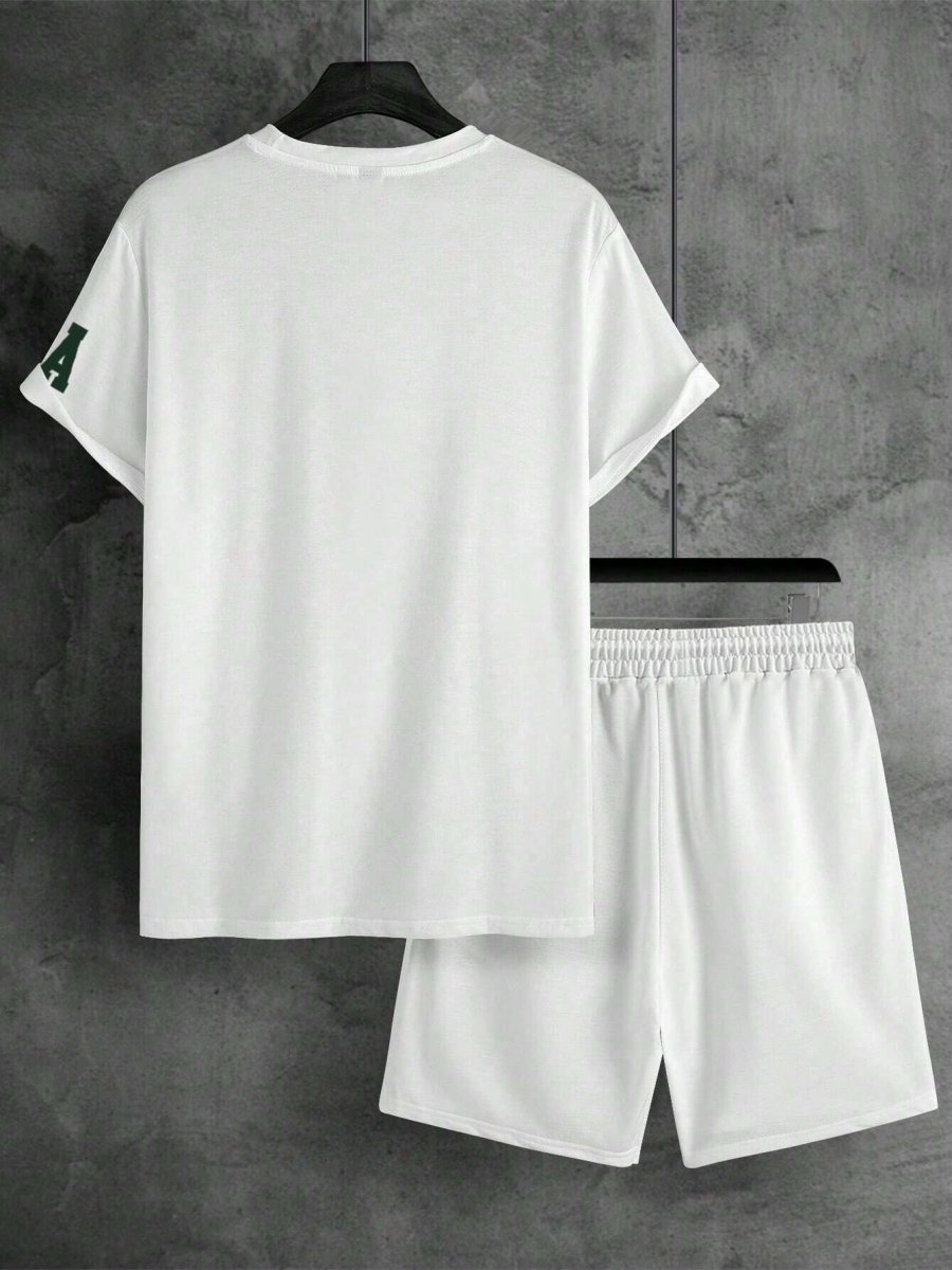 Ensemble Blanc t-shirt décontracté d’été à manches courtes imprimé de lettre à col rond et short à taille à cordon pour hommes – Image 3