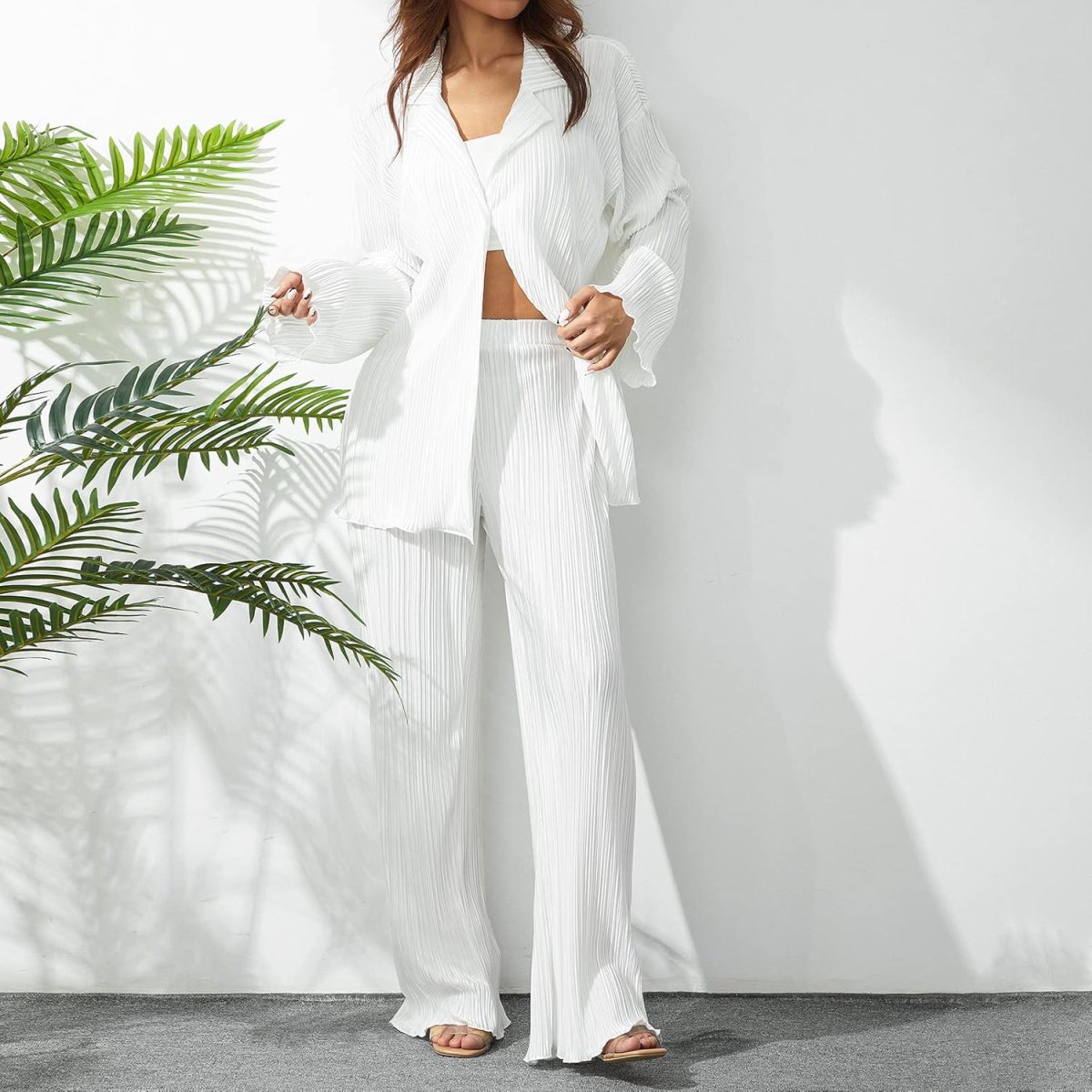 Ensemble de Tenue Décontractée pour Femmes : Chemise Plissée à Manches Longues + Pantalon – Image 5