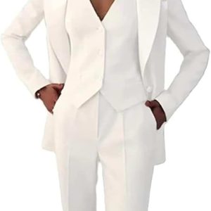 Ensemble 3 pièces blanc Pour Femme Veste De Costume Rayée, Gilet Et Pantalon