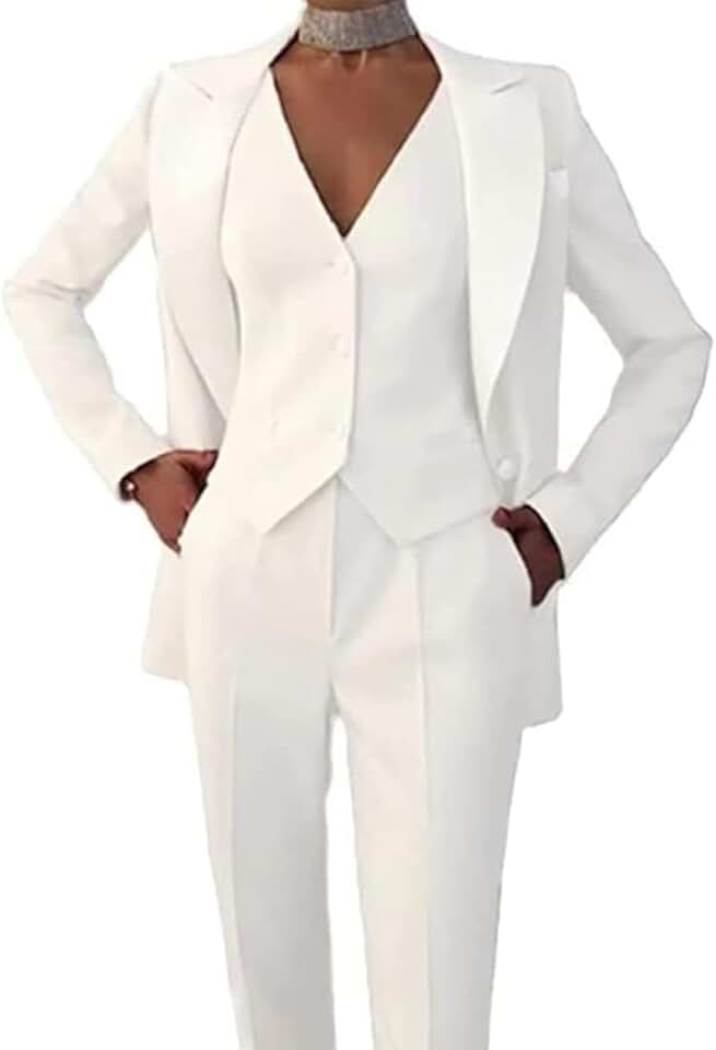 Ensemble 3 pièces blanc Pour Femme Veste De Costume Rayée, Gilet Et Pantalon