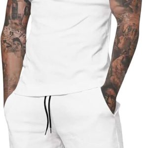 Ensemble Blanc t-shirt décontracté d&rsquo;été à manches courtes imprimé de lettre à col rond et short à taille à cordon pour hommes