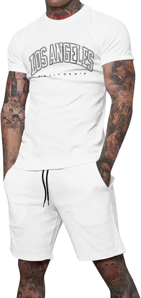 Ensemble Blanc t-shirt décontracté d’été à manches courtes imprimé de lettre à col rond et short à taille à cordon pour hommes – Image 2