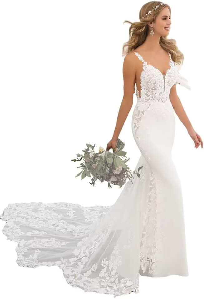 Robe de mariée sirène avec dos en dentelle fantaisie – Image 2