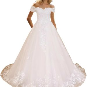 Robe de mariée princesse en dentelle à manches longues et traîne de chapelle en illusion