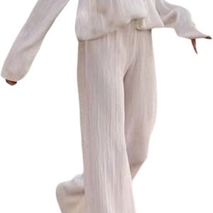 Ensemble de Tenue Décontractée pour Femmes : Chemise Plissée à Manches Longues + Pantalon