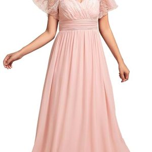 Robe de mariée A en dentelle avec décolleté en V et fleur en blush