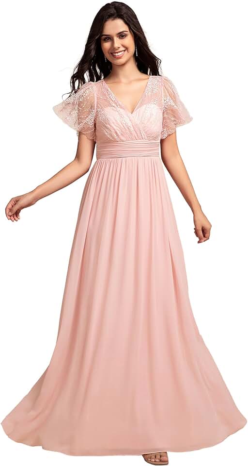 Robe de mariée A en dentelle avec décolleté en V et fleur en blush
