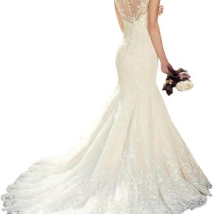 Robe de mariée sirène en dentelle vintage avec traîne et dos nu