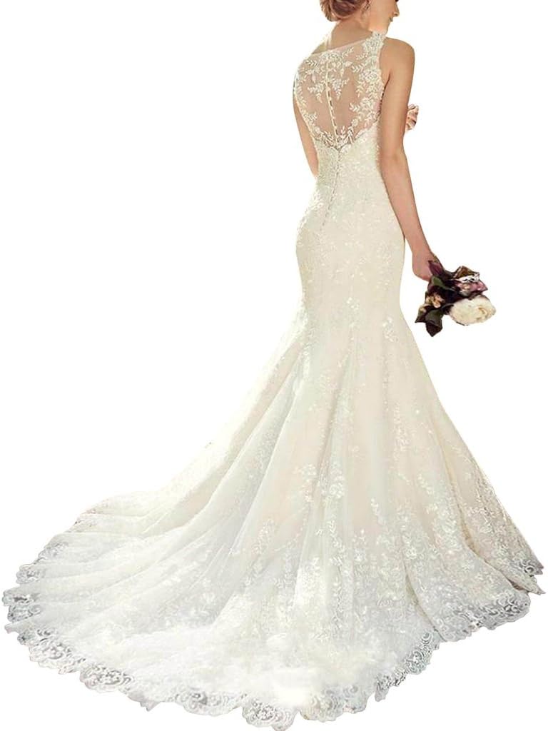 Robe de mariée sirène en dentelle vintage avec traîne et dos nu – Image 2