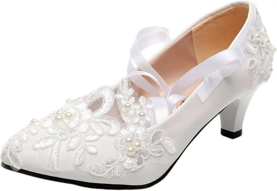 Chaussures Blanches Talons 5 cm à Dentelle