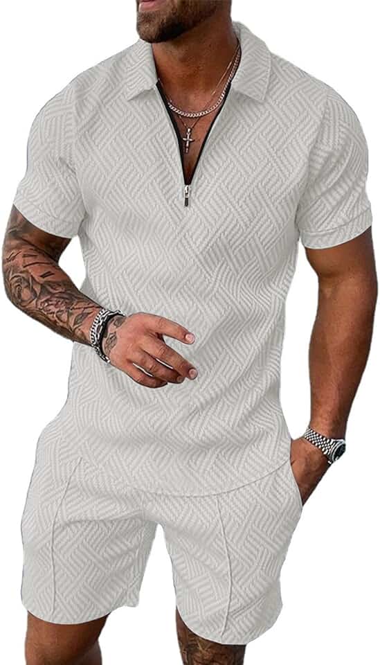 Ensemble Blanc De Deux Pièces Imprimé Décontracté En Tricot Pour Hommes