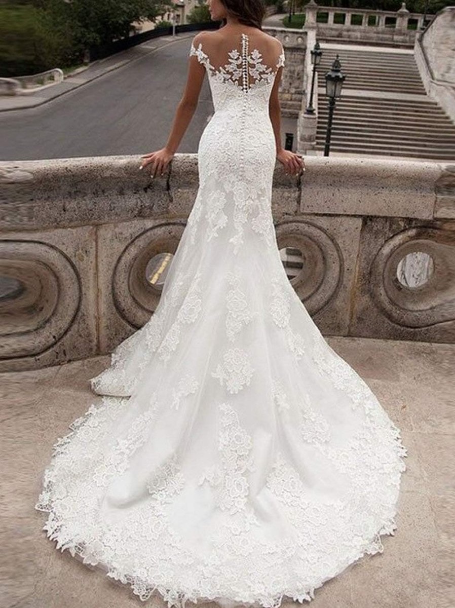 Robe de mariée A décolleté V et bretelles en dentelle – Image 4