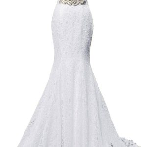Robe de mariée A en dentelle avec décolleté en V et fleur en blush