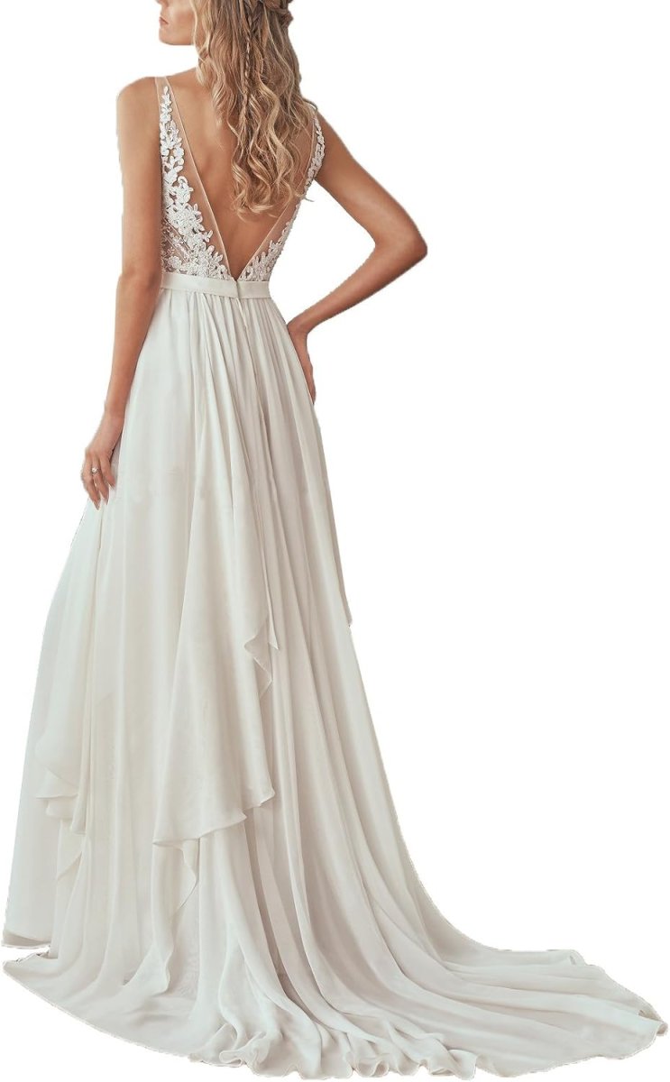 Robe de mariée longue en dentelle col en V et bretelles perlées – Image 4