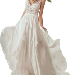 Robe de mariée longue en dentelle col en V et bretelles perlées