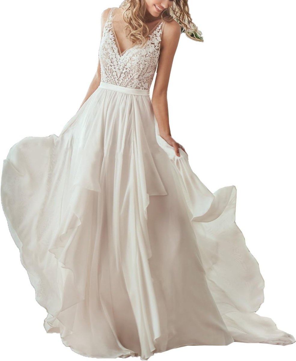 Robe de mariée longue en dentelle col en V et bretelles perlées – Image 3