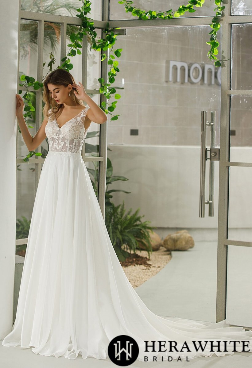 Robe de mariée sans manches en organza et dentelle à effet d’illusion – Image 8