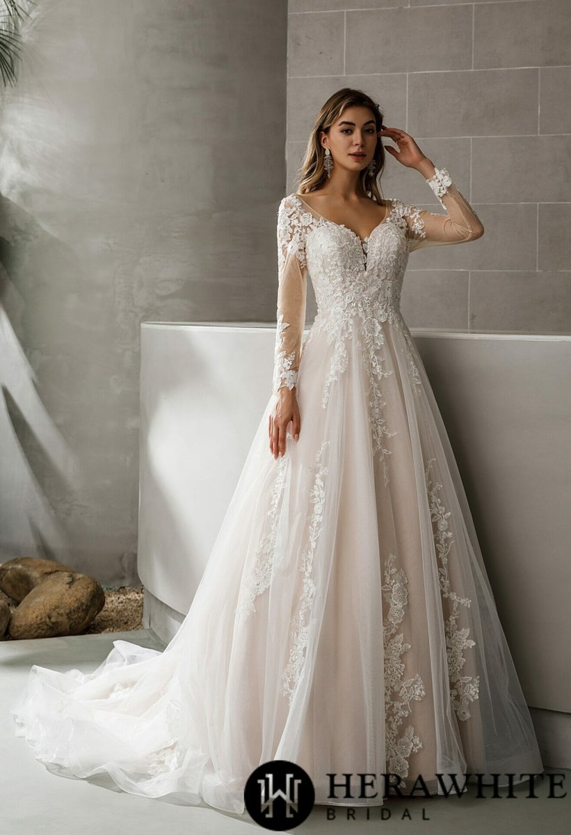 Robe de mariée princesse col en V et manches longues dentelle florale – Image 3