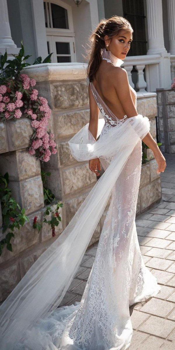 Robe De Mariée Sirène Col Haut Sexy Blanche – Image 3
