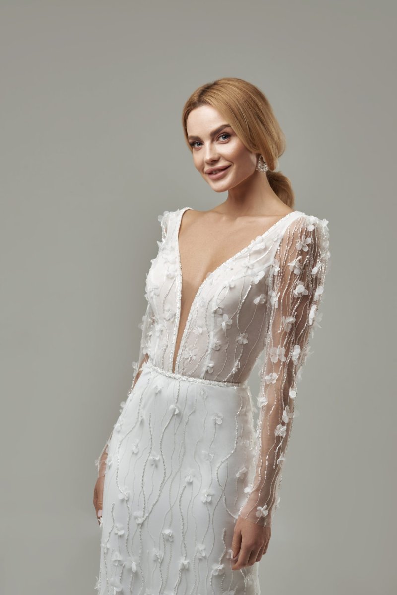 Robe De Mariée Sirène Bohème A Manche Longue Blanche – Image 5