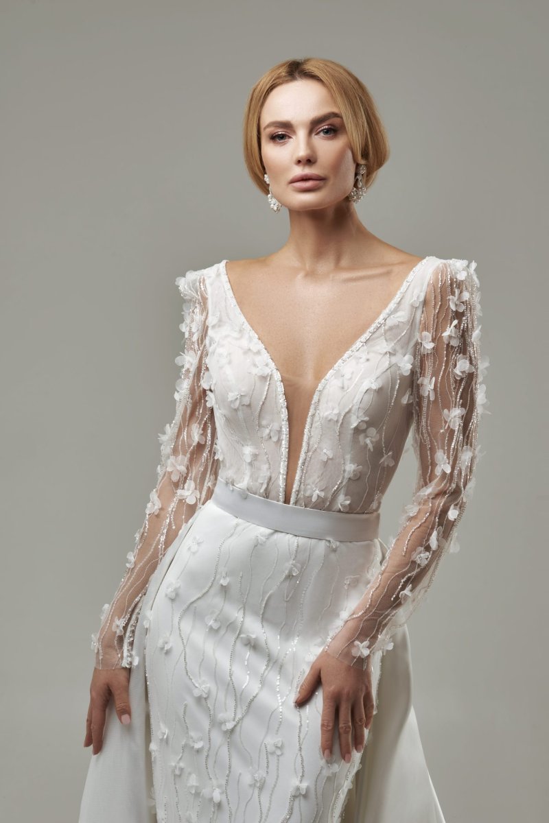 Robe De Mariée Sirène Bohème A Manche Longue Blanche – Image 4