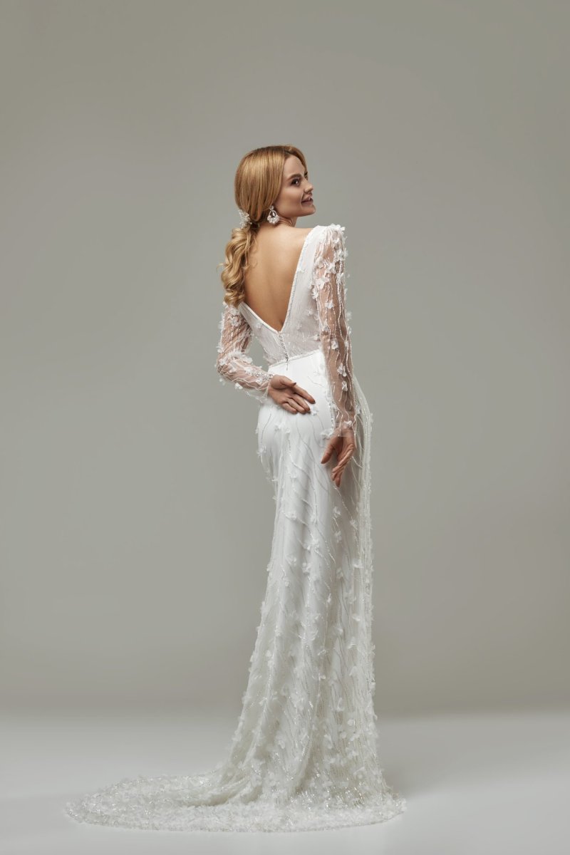 Robe De Mariée Sirène Bohème A Manche Longue Blanche – Image 3