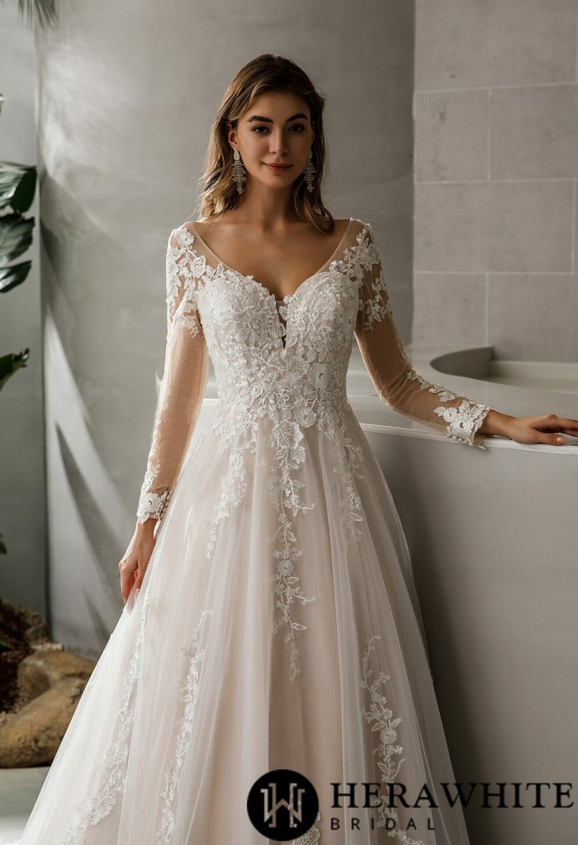 Robe de mariée princesse col en V et manches longues dentelle florale – Image 4