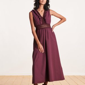 Robe longue aubergine sans manches en coton avec dentelle