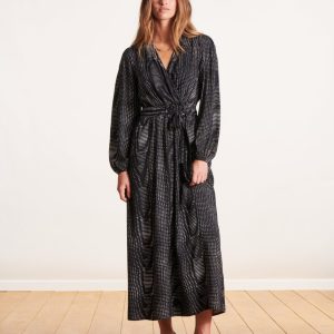 Robe longue cache-cœur noire à imprimé