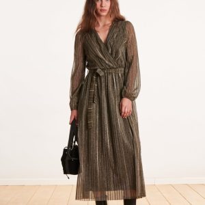 Robe longue cintrée cache-cœur voile kaki irisé