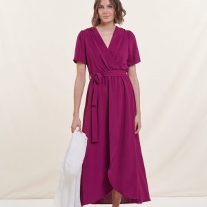 Robe longue faux portefeuille violette manches courtes