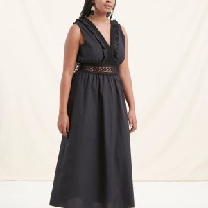 Robe longue noire sans manches en coton avec dentelle