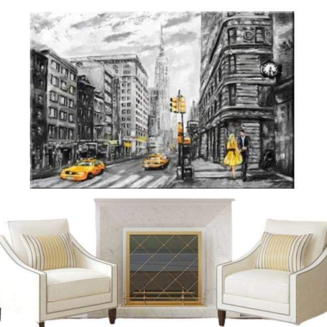 Tableau Vintage New York Noir Et Blanc Taxi Jaune